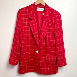 Vintage 80s 90s Red Windowpane Check Summer Blazer Sz 8 Bold Minimalist Preppy